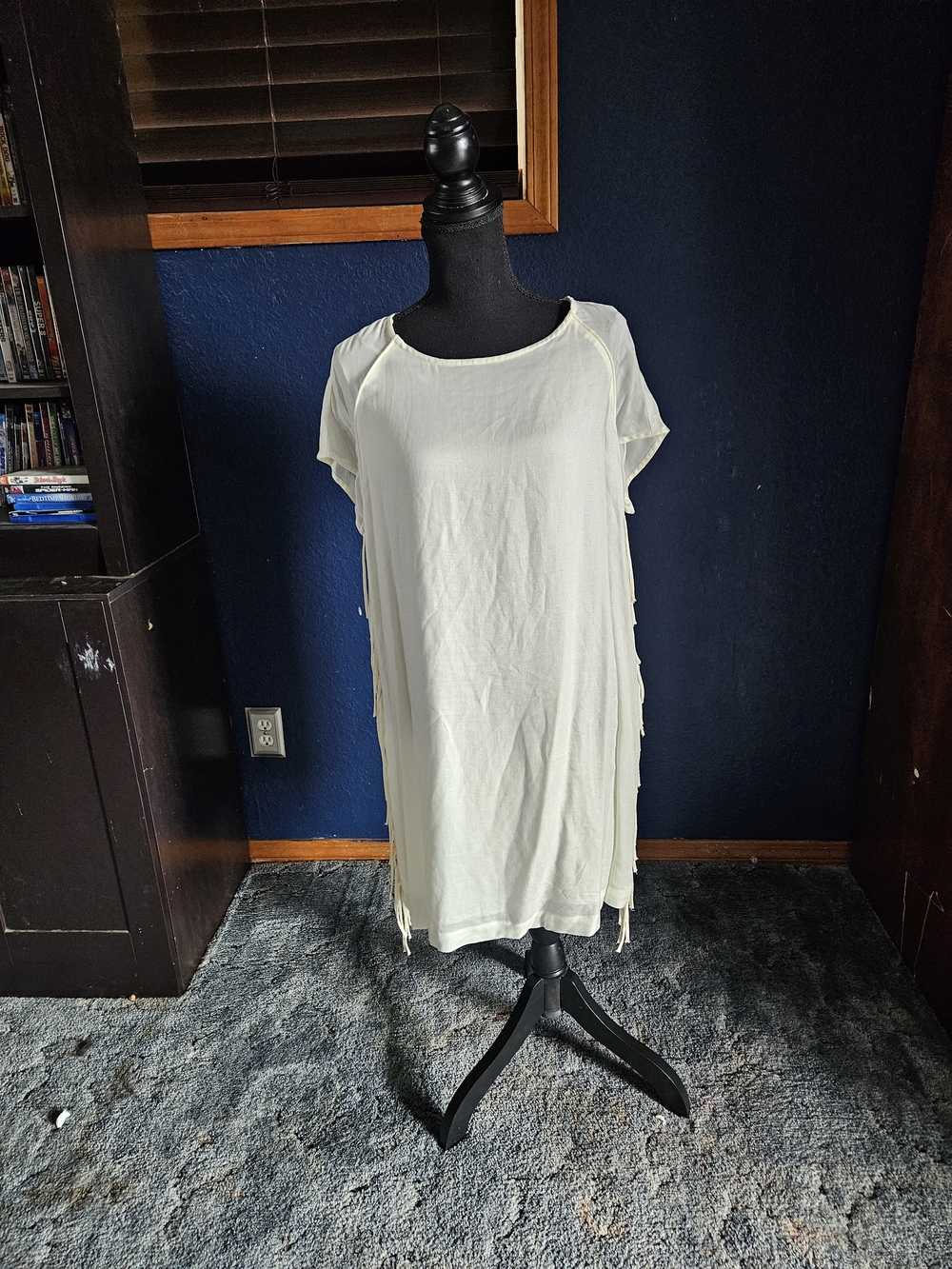 Mango Off White Short-Sleeve Finge Tunic Dress size 8 womens